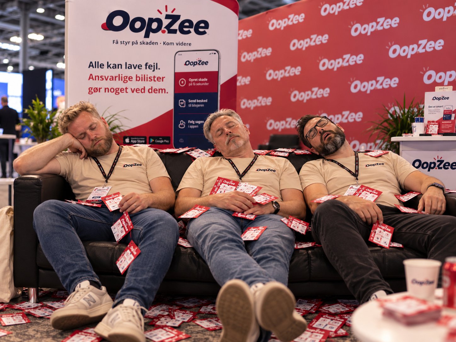Tre trætte medlemmer af OopZee-teamet på en sofa på standen, omgivet af OopZee-kort