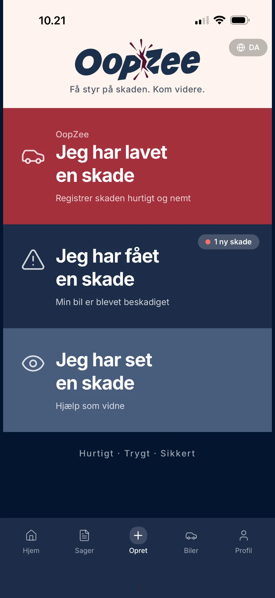 OopZee-appens forside med valgmulighederne Jeg har lavet en skade, Jeg har fået en skade og Jeg har set en skade